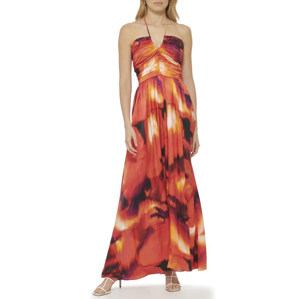 DKNY Printed Satin Ruche Front Halter Maxi Dress
