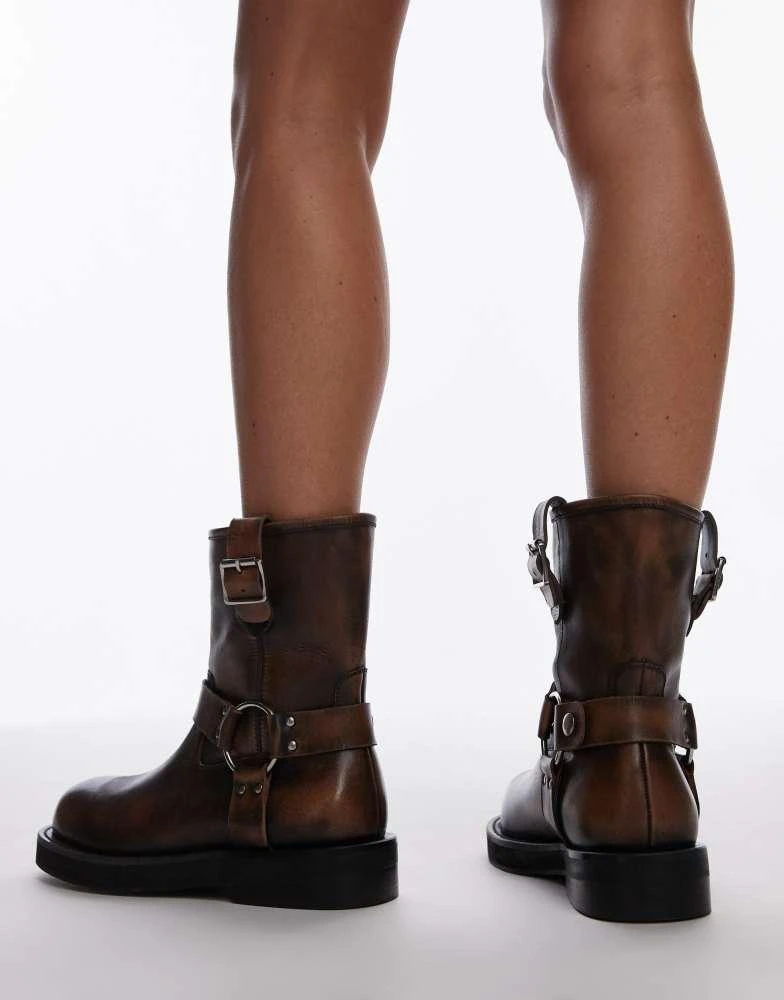 Topshop Topshop Lenny leather ankle boots with harness detail in distressed brown 4
