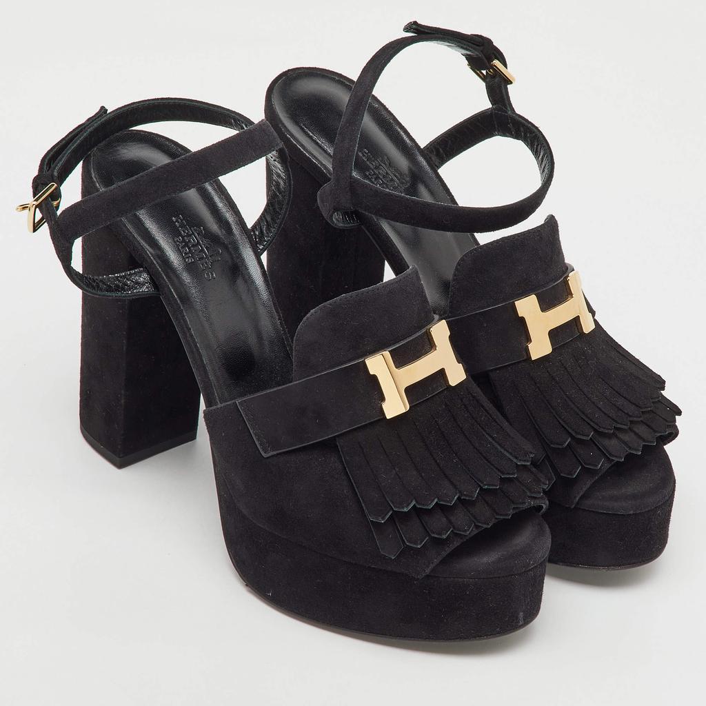 Shop Hermes Black Suede Anjou Block Heel Platform Ankle