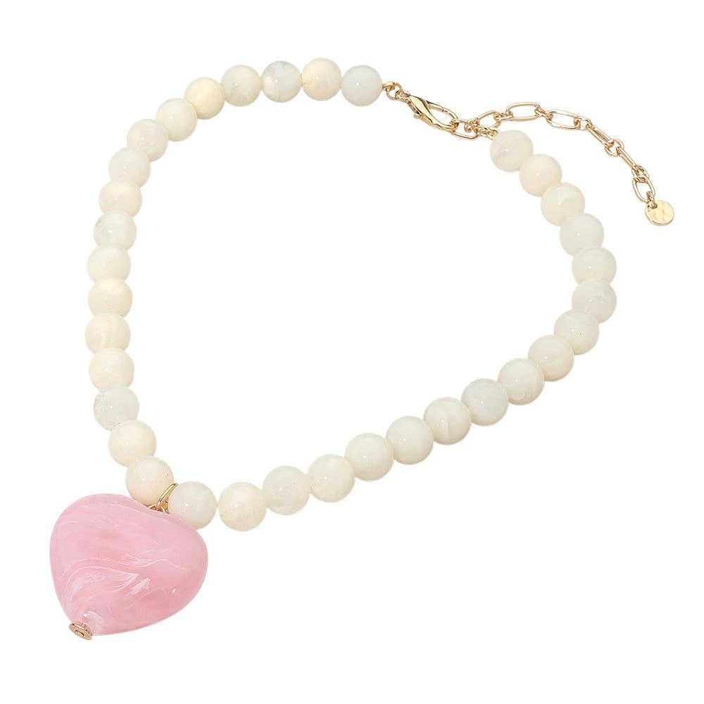 FASHNZFAB Chunky Marbled Resin Heart Charm Beaded Necklace 2