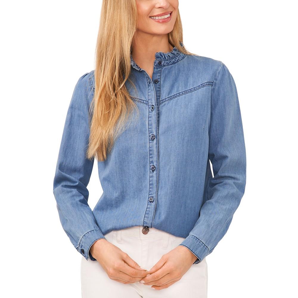 CeCe Women's Ruffle Neck Button Down Denim Blouse