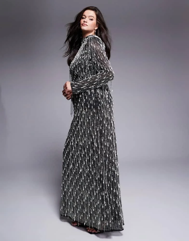 ASOS LUXE ASOS LUXE Curve drop pearl embellished maxi dress in black 1