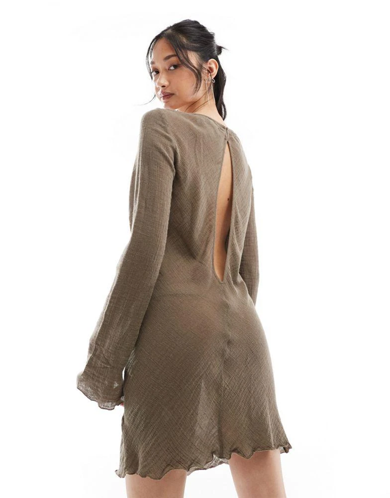 Weekday Weekday Ginko linen blend long sleeve mini dress in brown 3