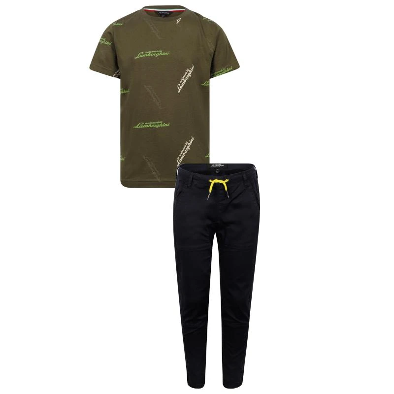 AUTOMOBILI LAMBORGHINI Colorful logo all over t shirt and trousers set in khaki green and navy 1