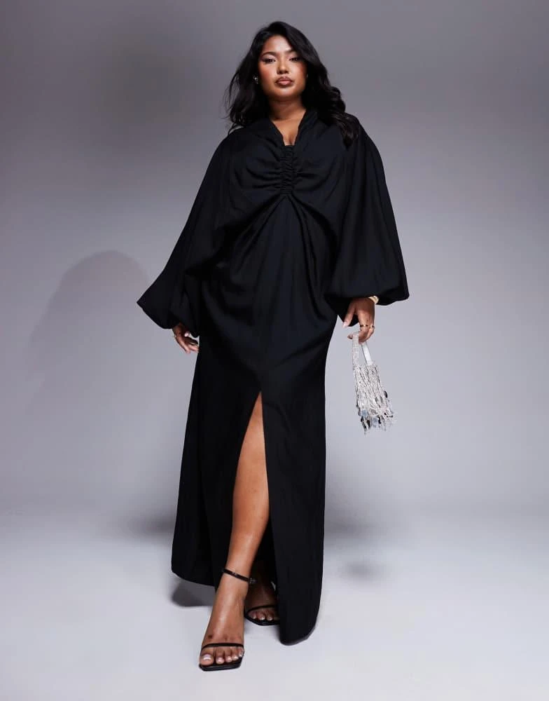 ASOS ASOS DESIGN Curve plunge elasticated maxi dress with blouson sleeve in  black - Dresses & Skirts - Free Shipping - BeyondStyle