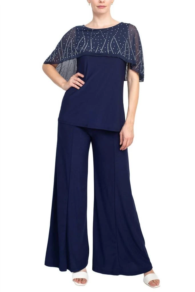 MARINA Boat Neck Embellished Capelet Sleeve Top
Wide Leg Pant Set In Navy