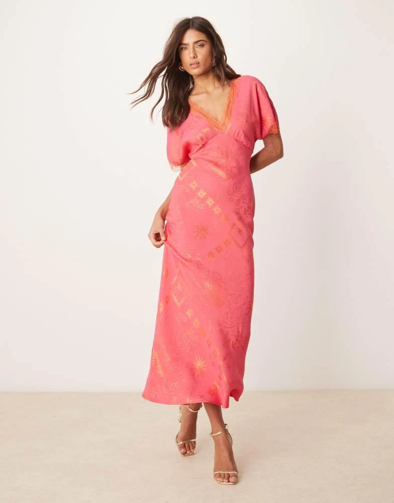 Never Fully Dressed Never Fully Dressed lace trim midaxi dress in red and pink print 1