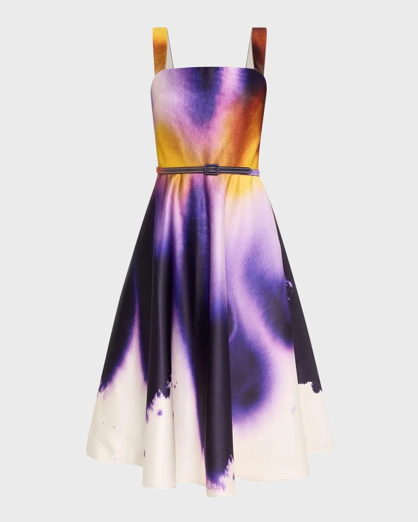 Oscar de la Renta Long Abstract Orchid Satin Fit-Flare Dress 1