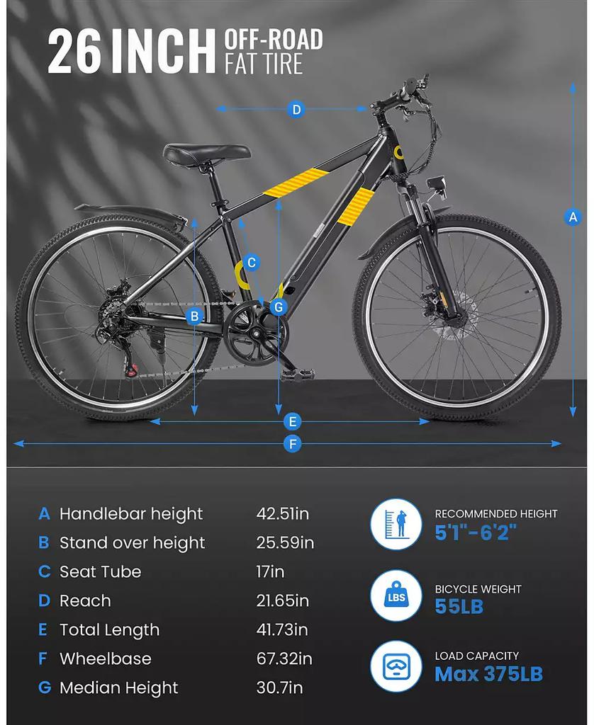 Gyroor 550W Electric Bike 26" Electric Mountain Bike for Adults, 48V Built-in Hidden Removable Battery, Up to 50 Miles with Shimano 21 Speed City Commuter Bike for Man Woman