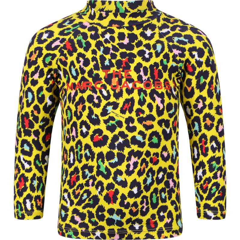 Little Marc Jacobs Colorful leopard print long sleeved logo t shirt and glitter thread details skirt set in yellow