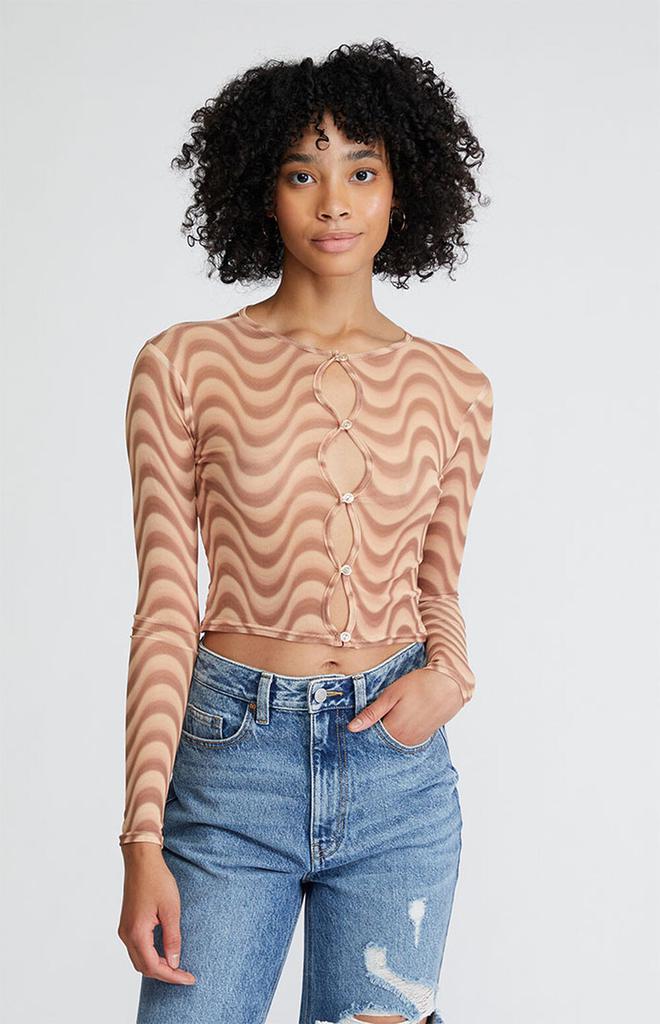 Daisy Street Brown Swirl Mesh Long Sleeve Top