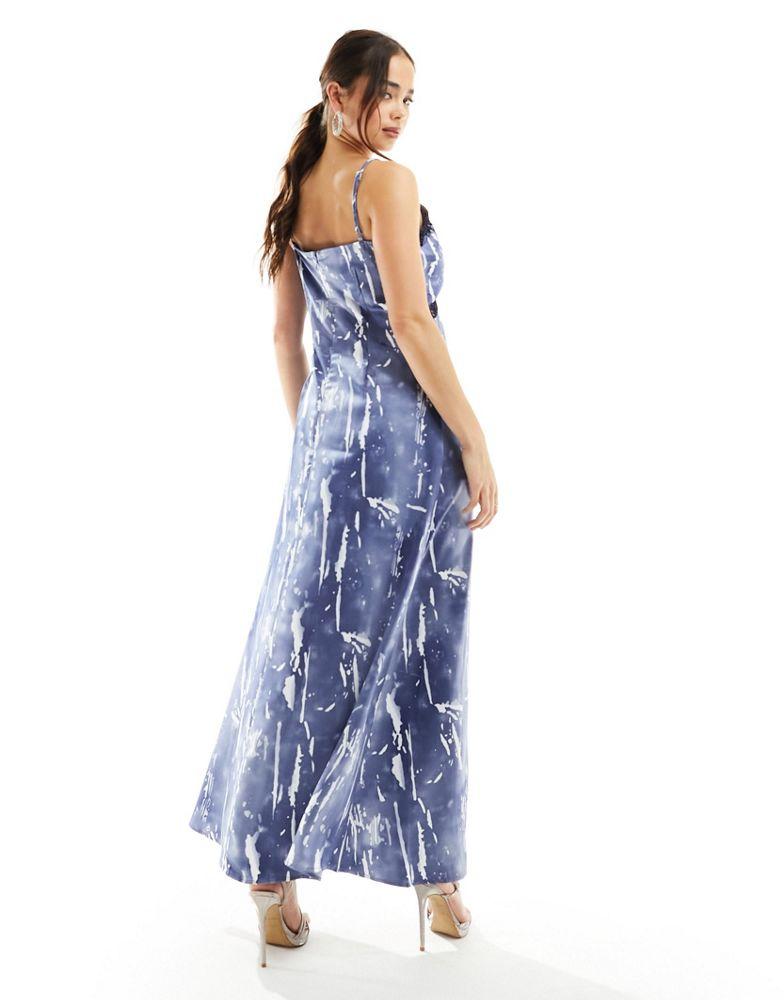 Vero Moda Vero Moda satin maxi slip dress with lace trim in blue crinkle print