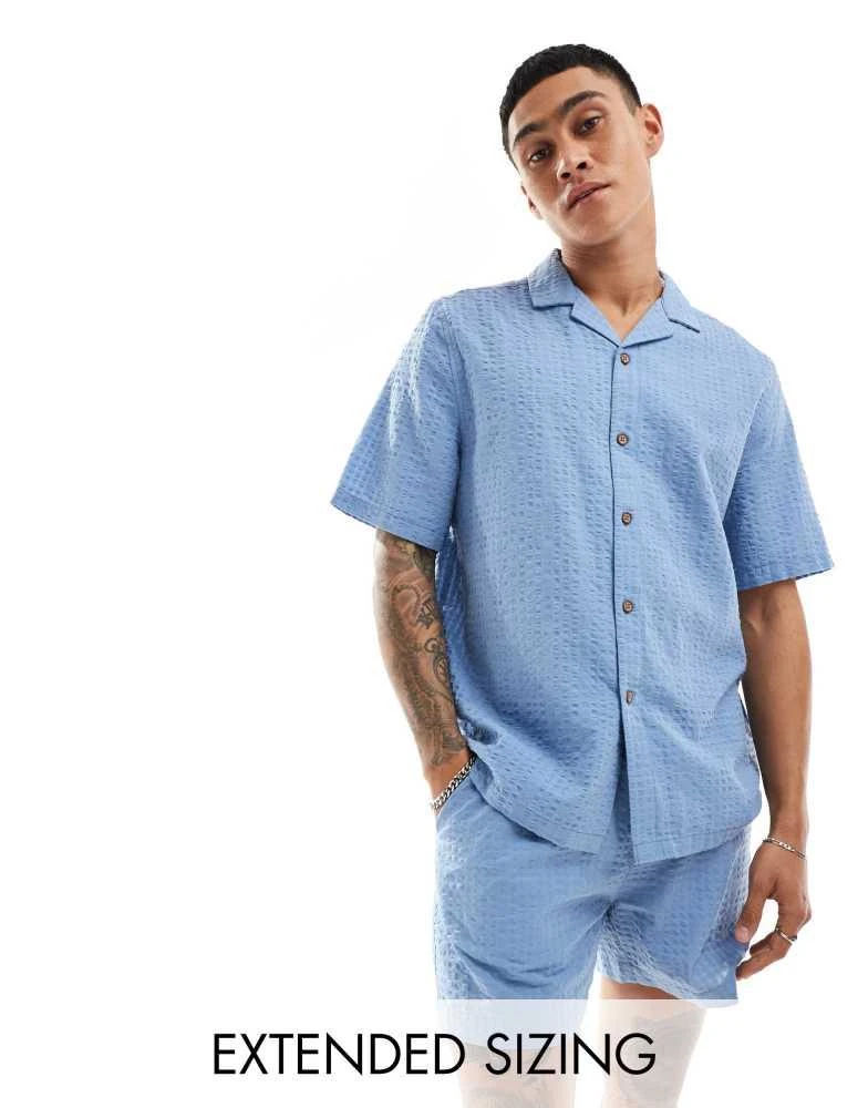 ASOS ASOS DESIGN co-ord 90s oversized short sleeve shirt in seersucker texture in dusty blue 1