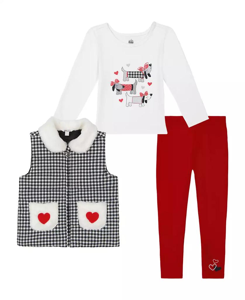 KIDS HEADQUARTERS Toddler and Little Girls Sherpa Trim Check Vest & Leggings, 3 Piece Set