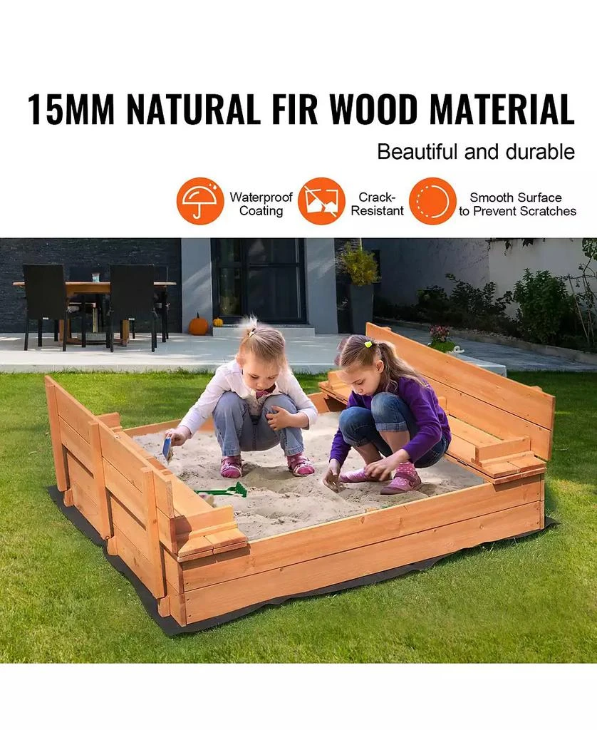 Slickblue Wooden Sandbox, 52.4 x 47.2 x 16.9 in Sand Box, Sand Pit with Foldable Bench Seats and Bottom Liner 9