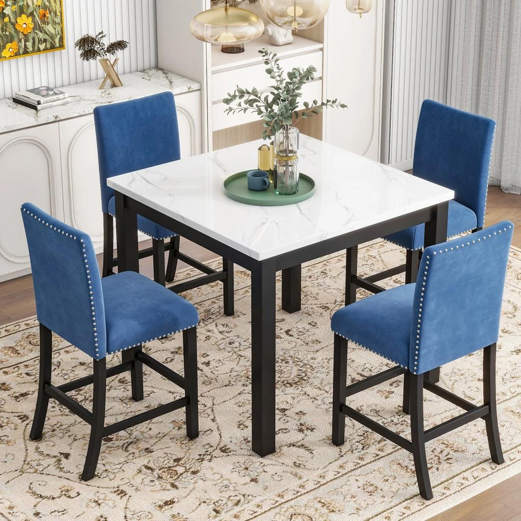 Streamdale Furniture Streamdale 5-Piece Counter Height Dining Set with Faux Marble Table 
Velvet Chairs, Blue 2