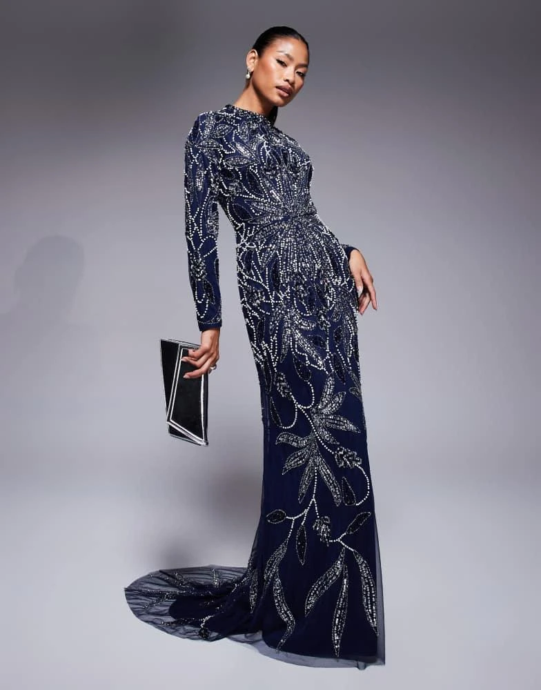 Beauut Beauut Safa embellished long sleeve maxi dress in navy 1