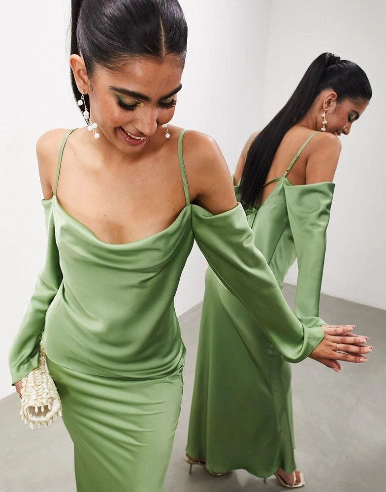ASOS ASOS EDITION drapey long sleeve cold shoulder top in green 1