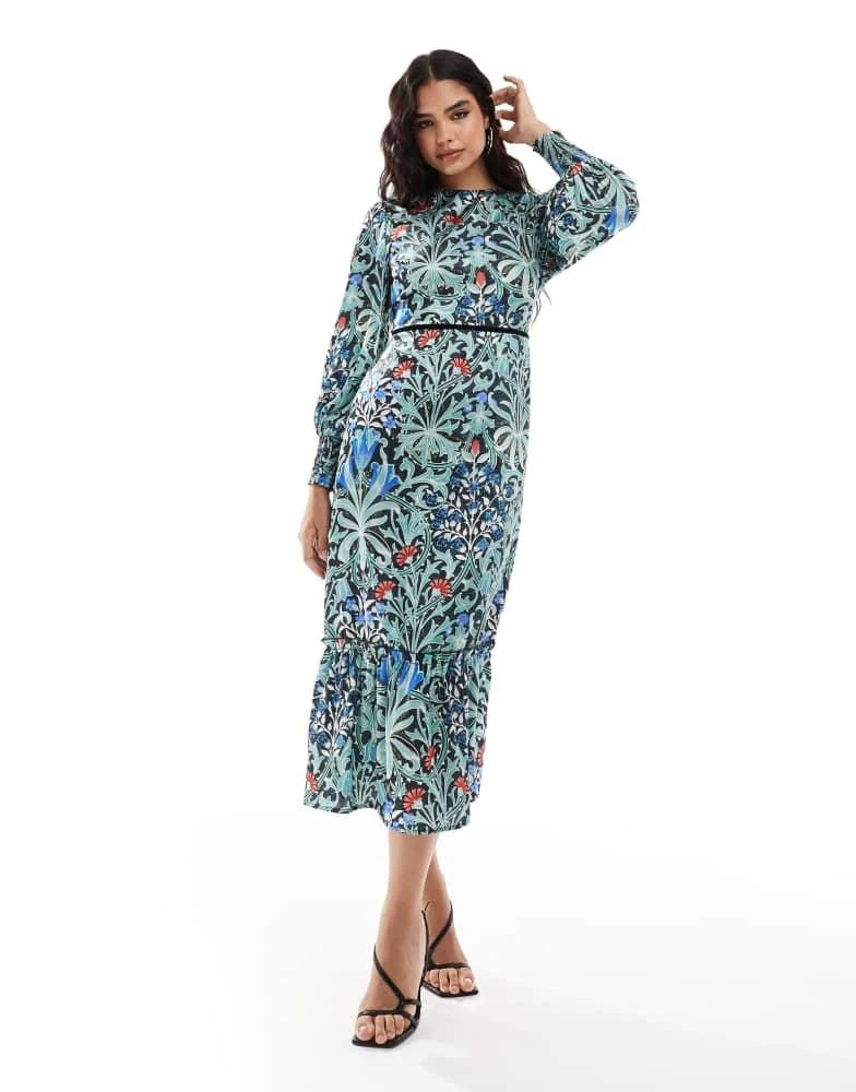 Hope & Ivy Hope & Ivy in collaboration with The William Morris Society bow back midi dress in dark floral 1