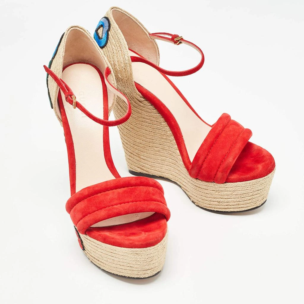 Gucci Gucci Red/Beige Suede Floral Embroidered Espadrille Wedge Platform Ankle Strap Sandals Size 37.5 4