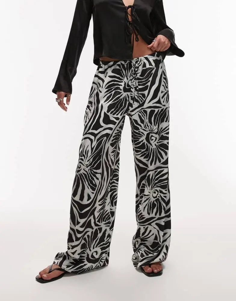 Topshop Topshop mono abstract shell print satin drawcord trousers in grey