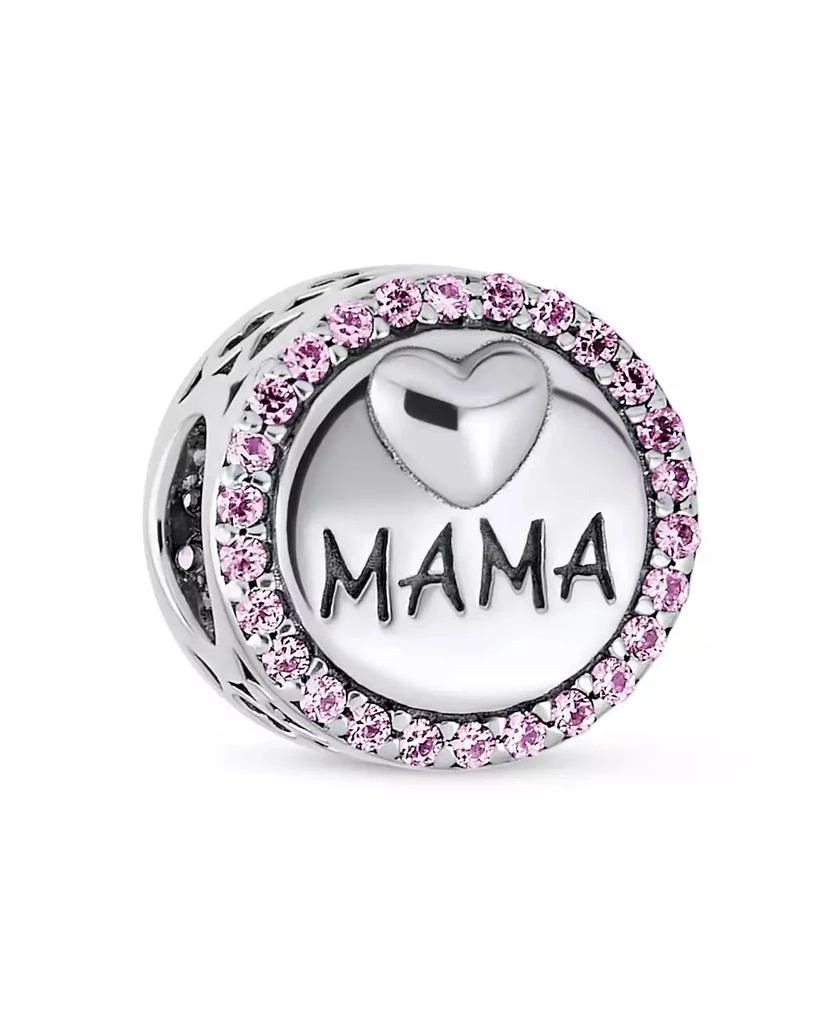 Bling Jewelry Round Pink Crystal Bead Charm MAMA Heart Wife Sterling Silver Fits Bracelet