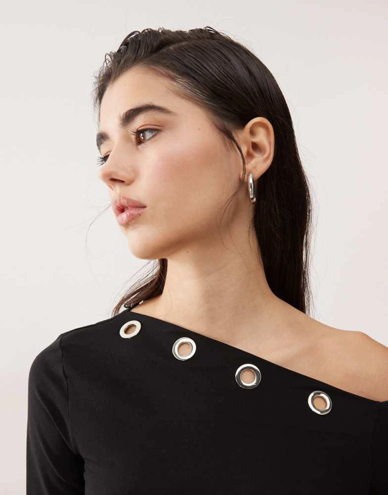 Monki Monki asymmetric shoulder long sleeve top with eyelet detail in black 3