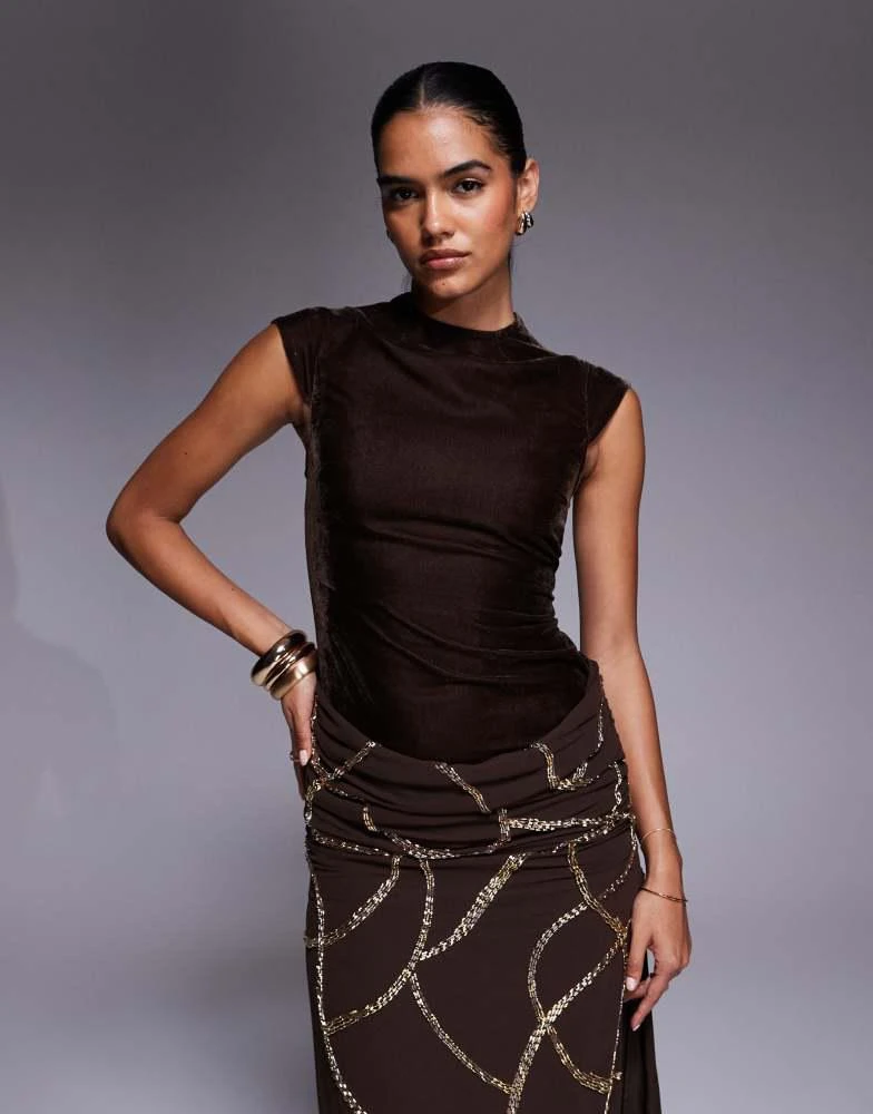 ASOS ASOS DESIGN velvet fitted bodice dress with draped embellished skirt  overlay in chocolate - Dresses & Skirts - Free Shipping - BeyondStyle
