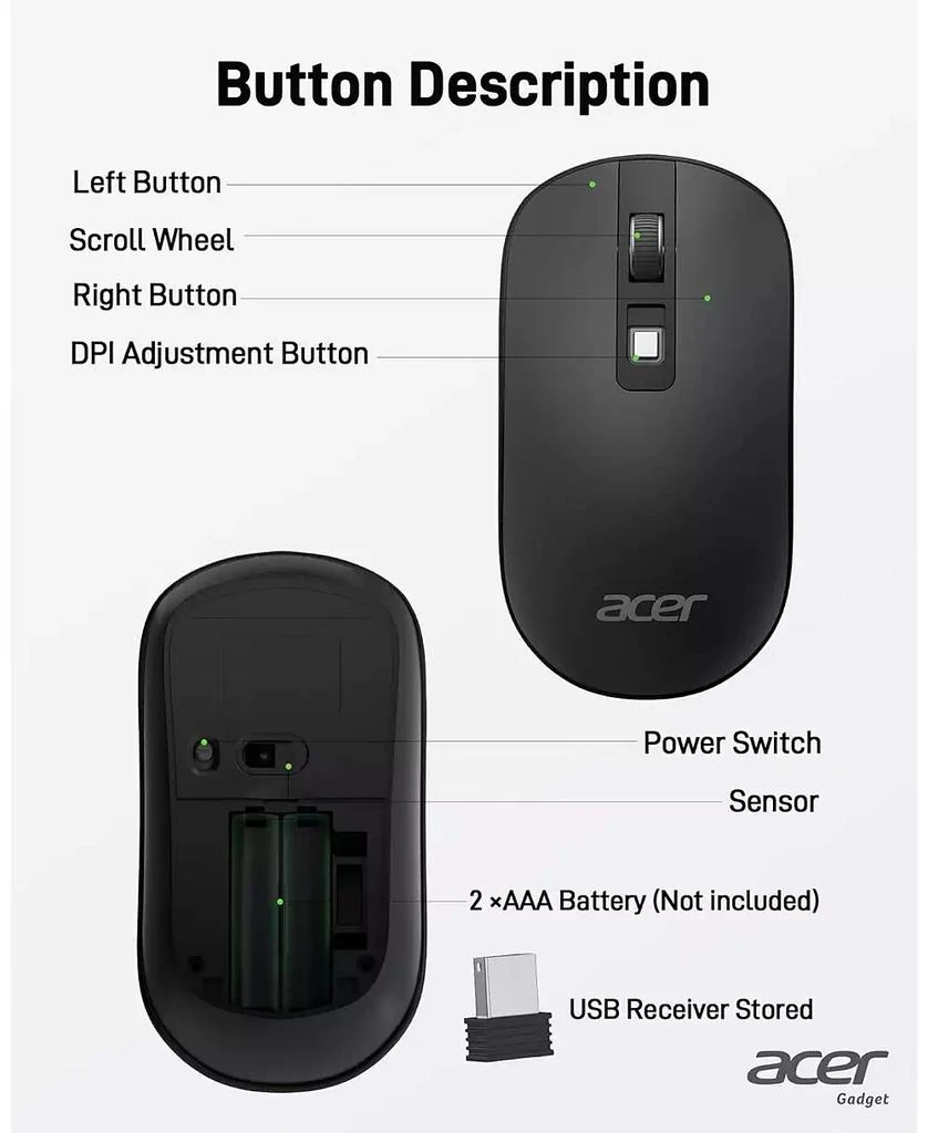 Acer Computer Mouse Wireless, 2.4G Slim USB Wireless Mouse with Adjustable DPI, 4 Buttons, Portable for Laptop, Desktop, PC 4