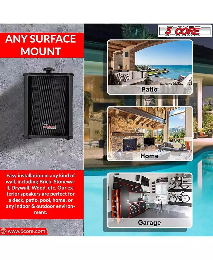 5 Core Outdoor Speakers Stereo In Wall 100W Peak Passive Home Audio System 7
