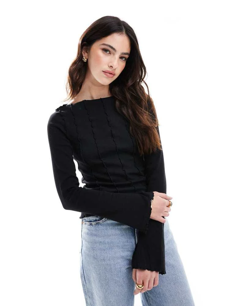 Monki Monki overlock seam detail ribbed jersey top in black