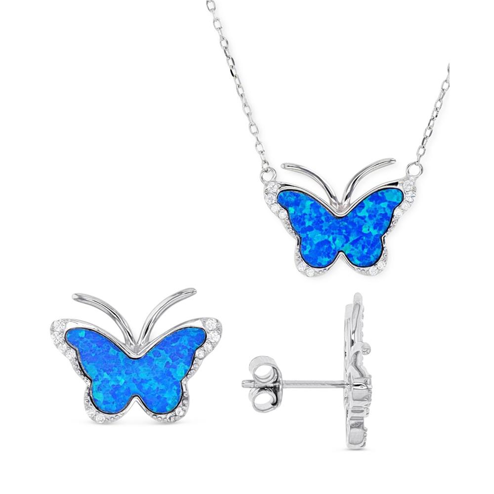 Macy's 2-Pc. Set Lab-Grown Opal & Cubic Zirconia Butterfly Pendant Necklace & Matching Stud Earrings