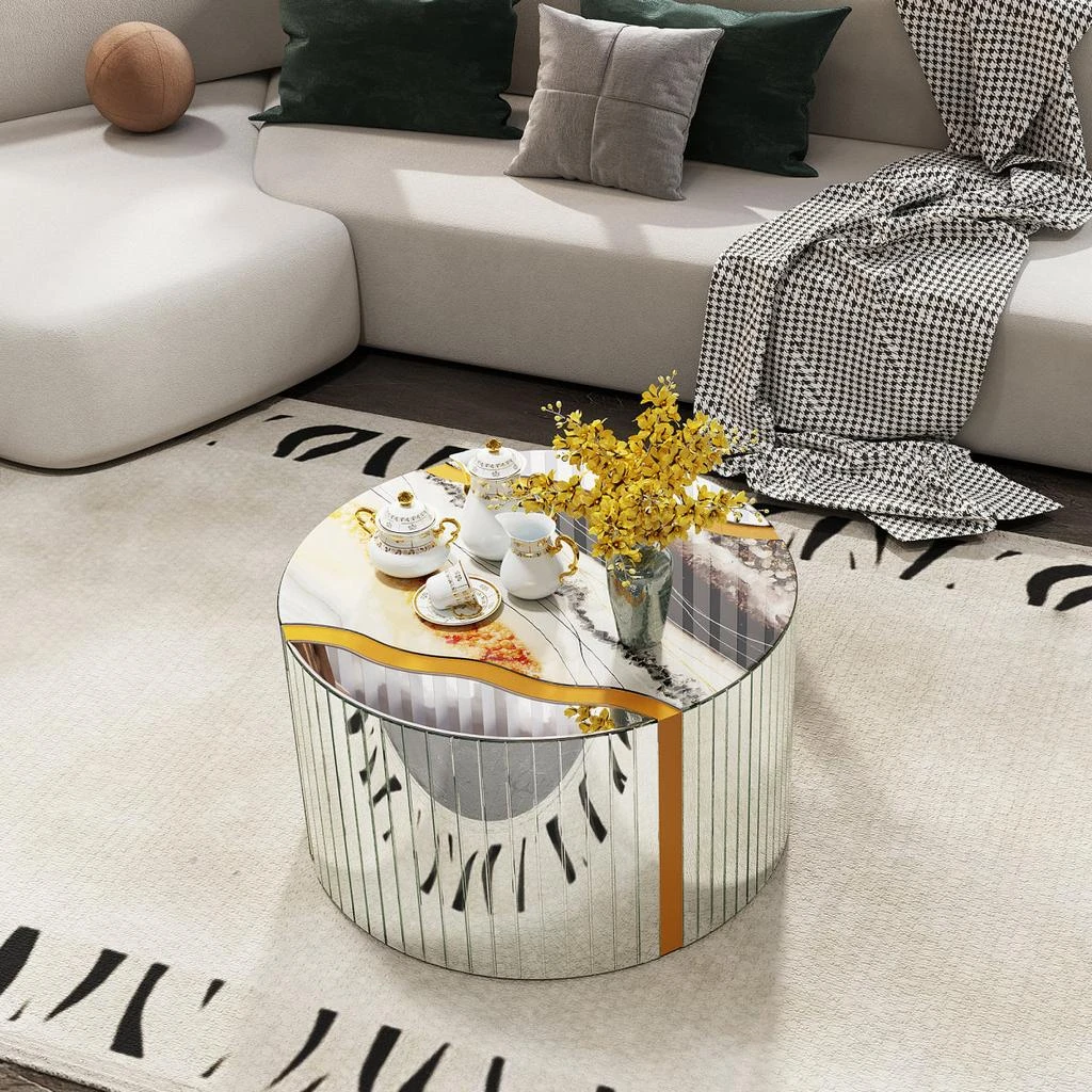 Streamdale Furniture Streamdale White Marble Round Coffee Table with Silver Mirror 
Gold Dust Finish 2