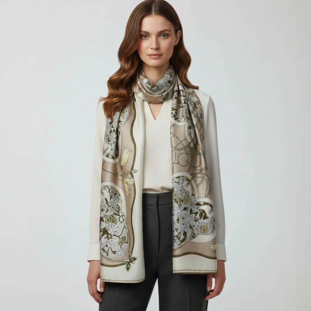 TRUEDAMES Ornate Floral Medallion Printed Oblong Silky Satin Scarf Shawl