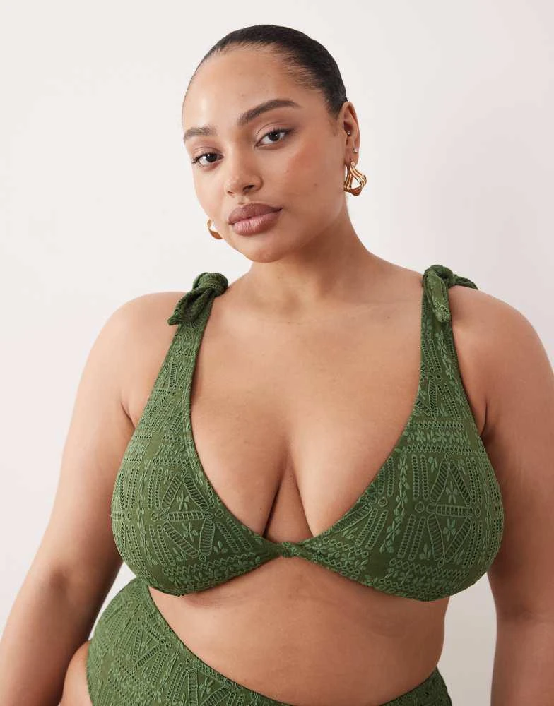 ASOS ASOS DESIGN Curve Kyle broderie twist front crop bikini top in olive