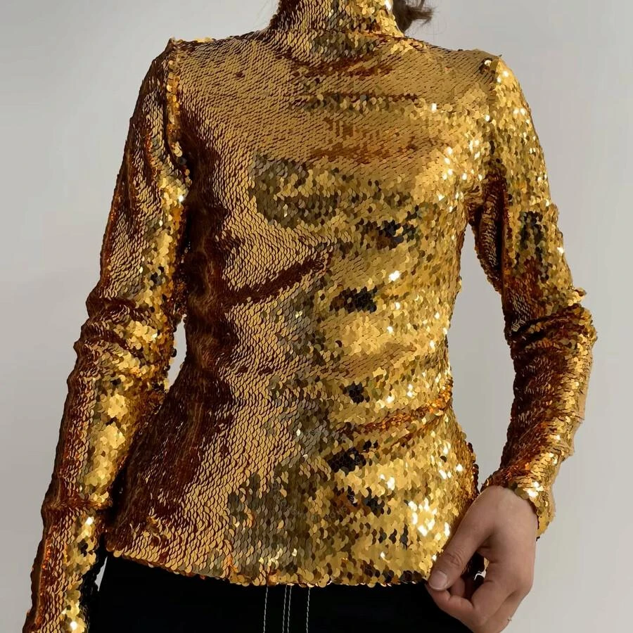 Burberry Ladies Gold Sequinned Turtleneck Top 1