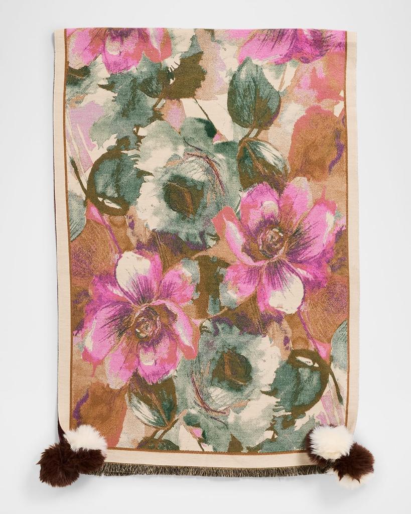 La Fiorentina Floral-Print Scarf W/ Faux Fur Poms