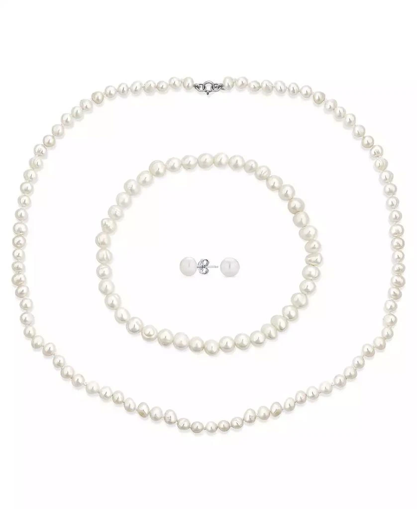 Bling Jewelry White Hand Knotted Freshwater Cultured Pearl Strand Necklace 18" Stretch Bracelet Ball Earrings 6MM 3PCS Jewelry Set