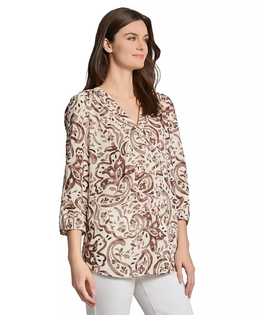 JONES NEW YORK Petite Printed V-Neck 3/4-Sleeve Blouse