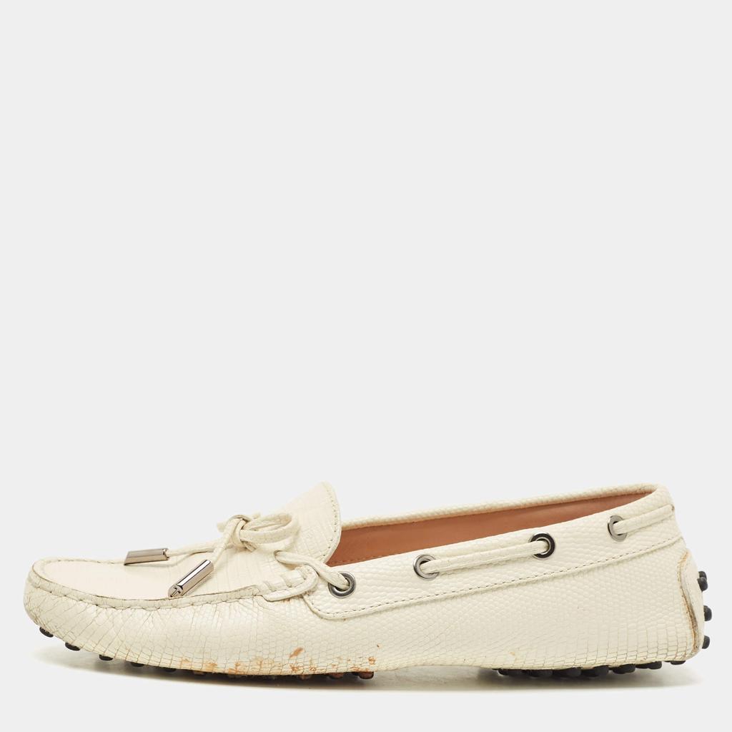 Tod
s Tod
s Cream Lizard Embossed Leather Bow Slip On Loafers Size 37.5