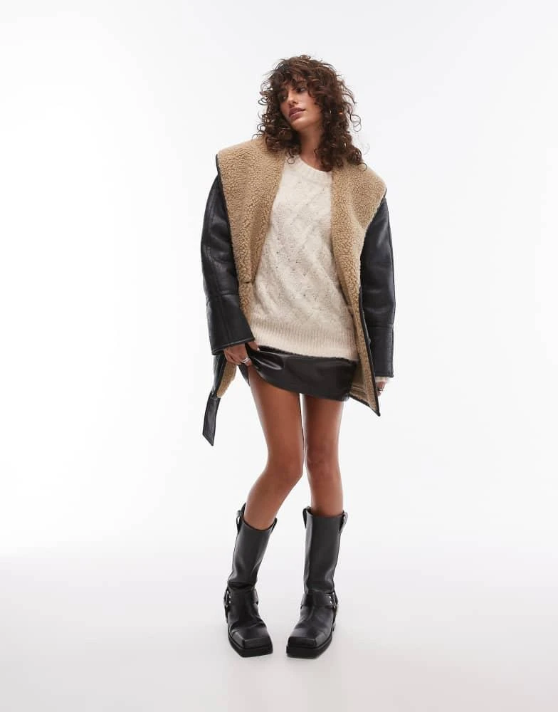 Topshop Topshop belted faux leather shearling jacket in black and cream 4