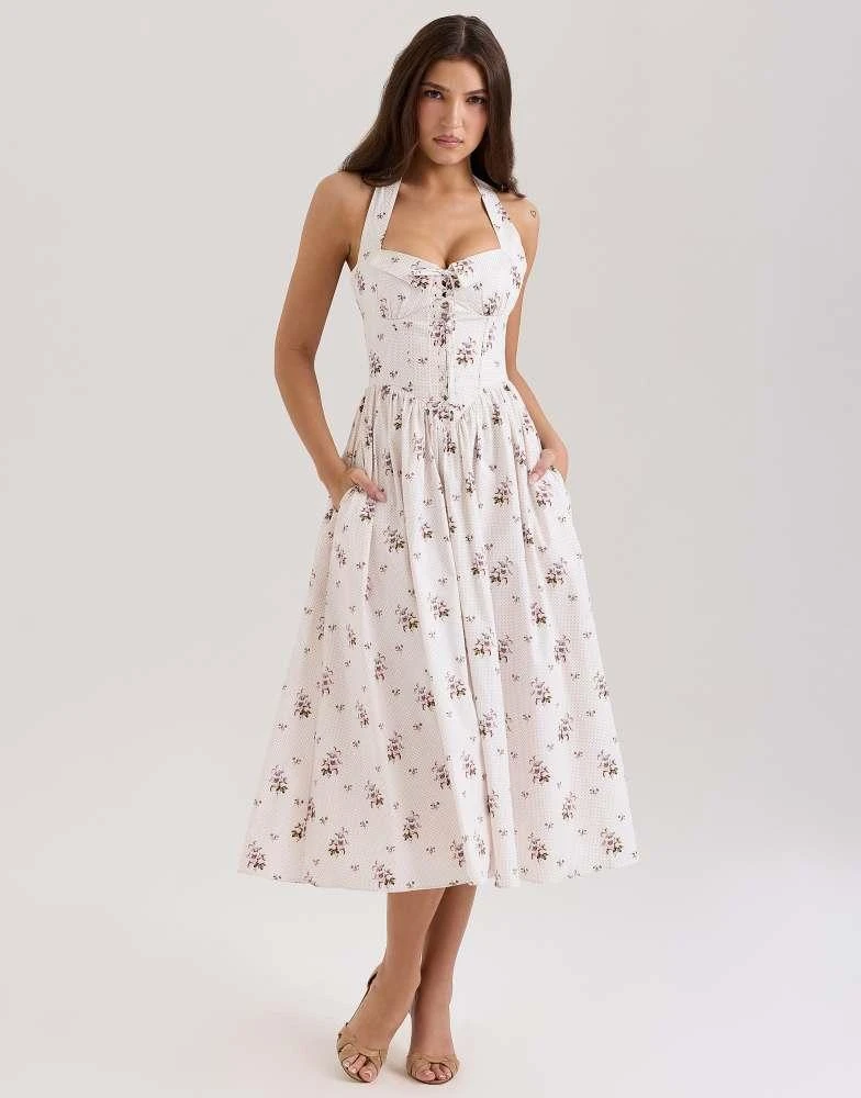 House of CB House of CB Emilia stretch cotton halter neck midi dress in cream floral print