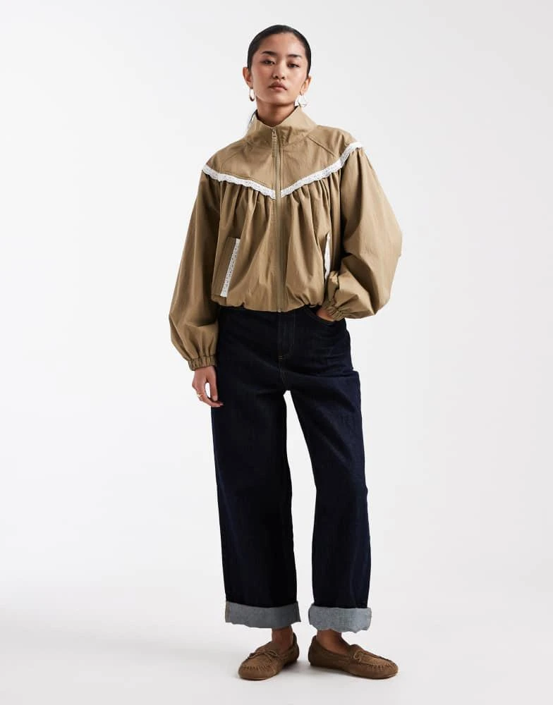 Miss Selfridge Miss Selfridge lace trim funnel neck track jacket in khaki 2