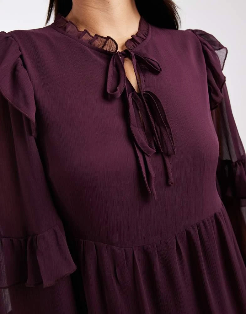 New Look New Look ruffle chiffon long sleeve mini dress in burgundy 4