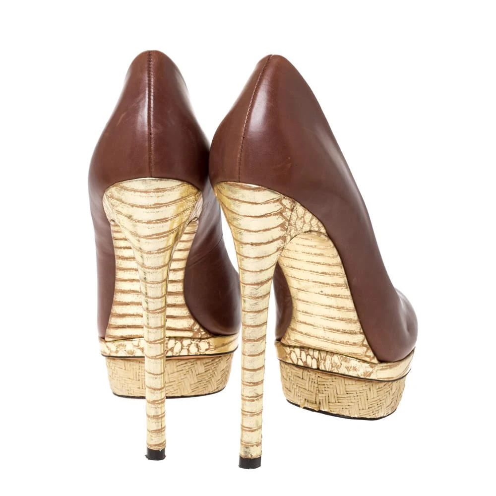 Brian Atwood Brian Atwood Brown/Gold Leather and Python Effect Platform Pumps Size 38.5 5