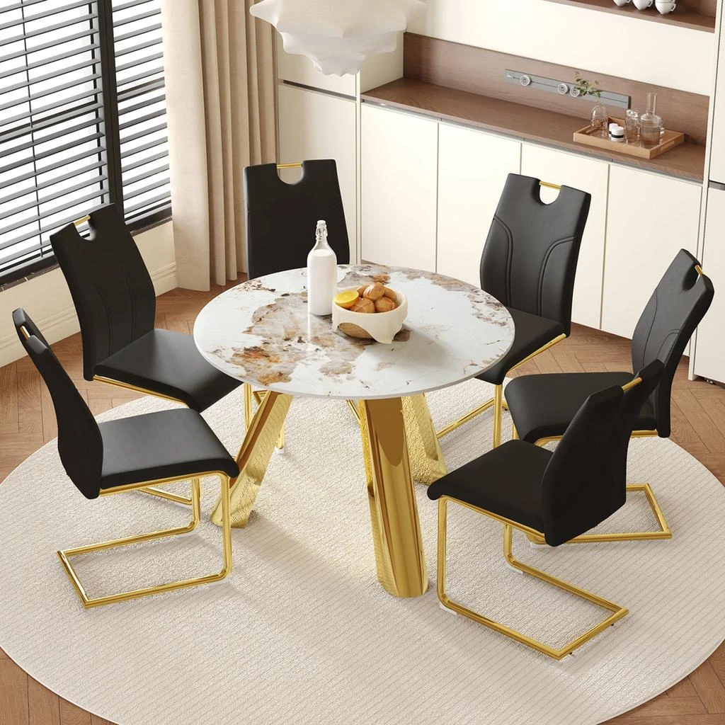 Streamdale Furniture Streamdale Round Marble Table
6 Black Chairs with Gold Legs