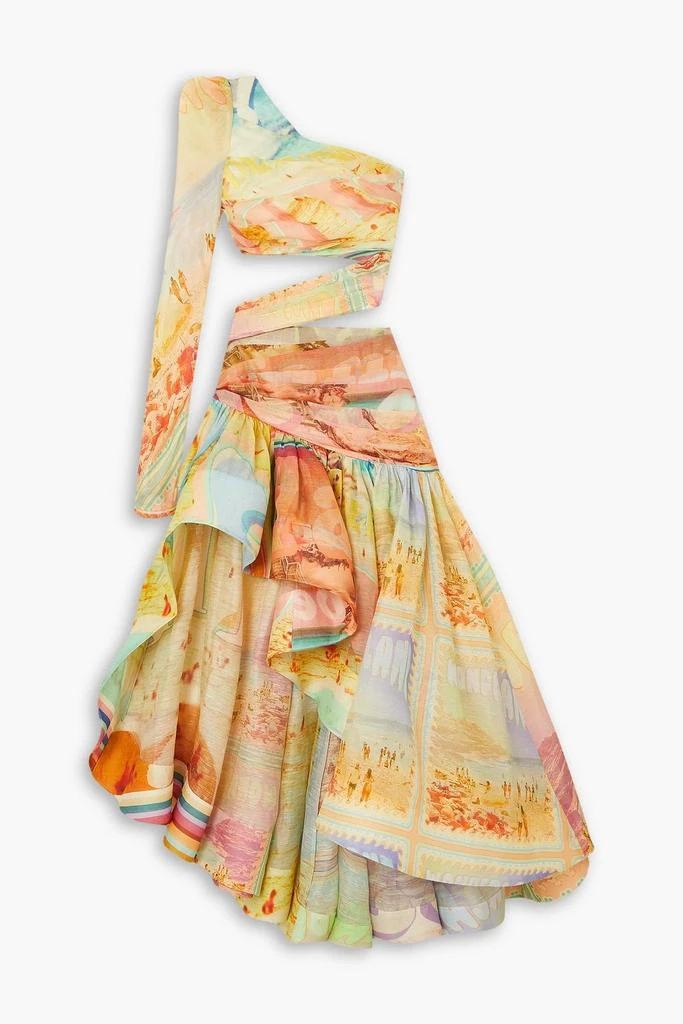 Zimmermann One-sleeve asymmetric cutout linen and silk-blend organza maxi dress 1