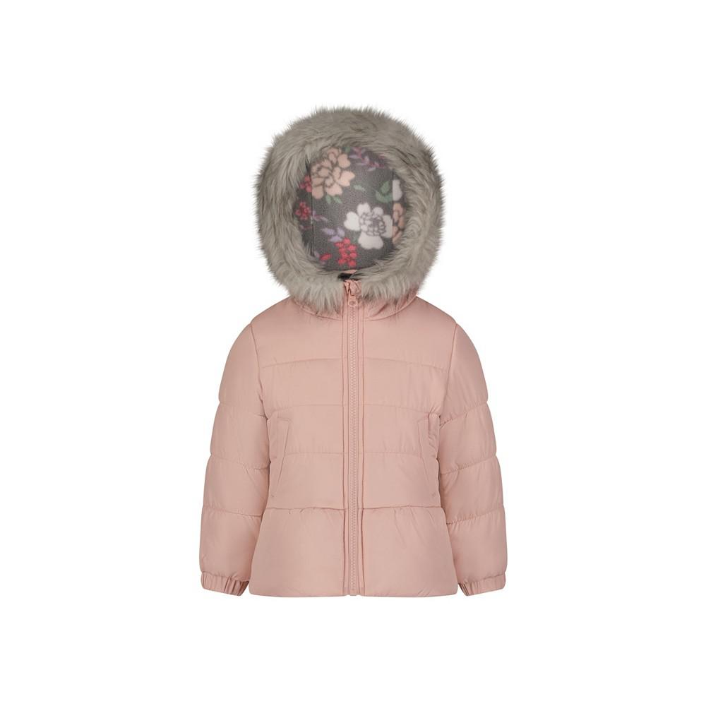 Weathertamer Toddler Girls Solid with Faux Fur Trim Jacket and Fleece Beanie Set