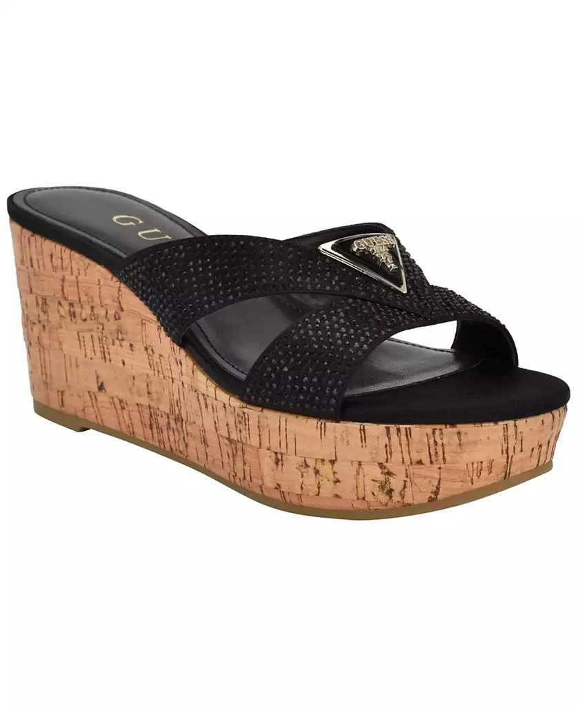 GUESS Women's Lonaa Rhinestone Cork Platform Wedge Sandals 1