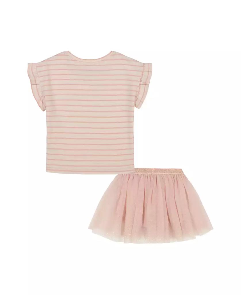 KIDS HEADQUARTERS Toddler and Little Girls 2-Piece Ruffle Sleeve Striped Rainbow Top and Gold Speckle Tulle Skort Set